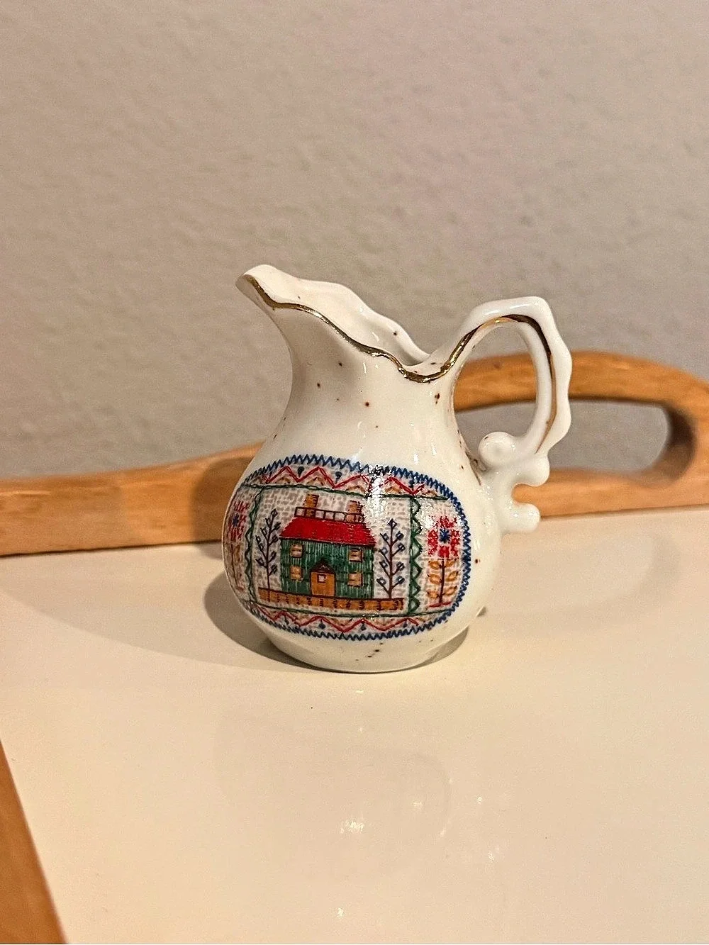 Vintage Enesco Japan Cross Stitch Sampler Ceramic Mini Pitcher Creamer, 1970s Co